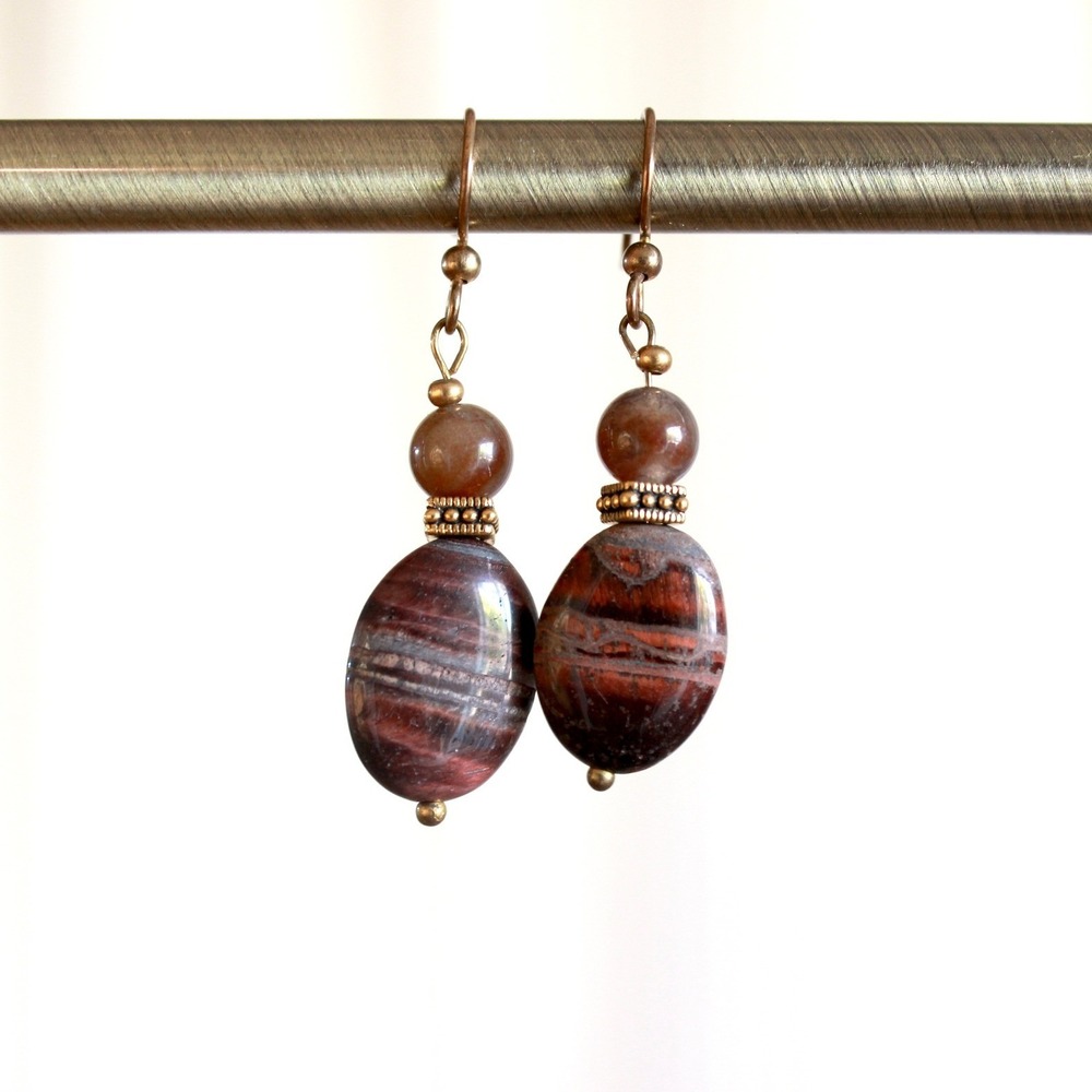 Banded Agate Drop Earrings Brown Rust Stone Brass Boho Dangle Hook E5